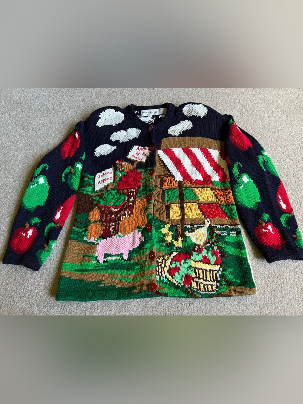 The Eagles Eye M Fall Apple Farm stand Pig Cardigan Sweater Thanksgiving